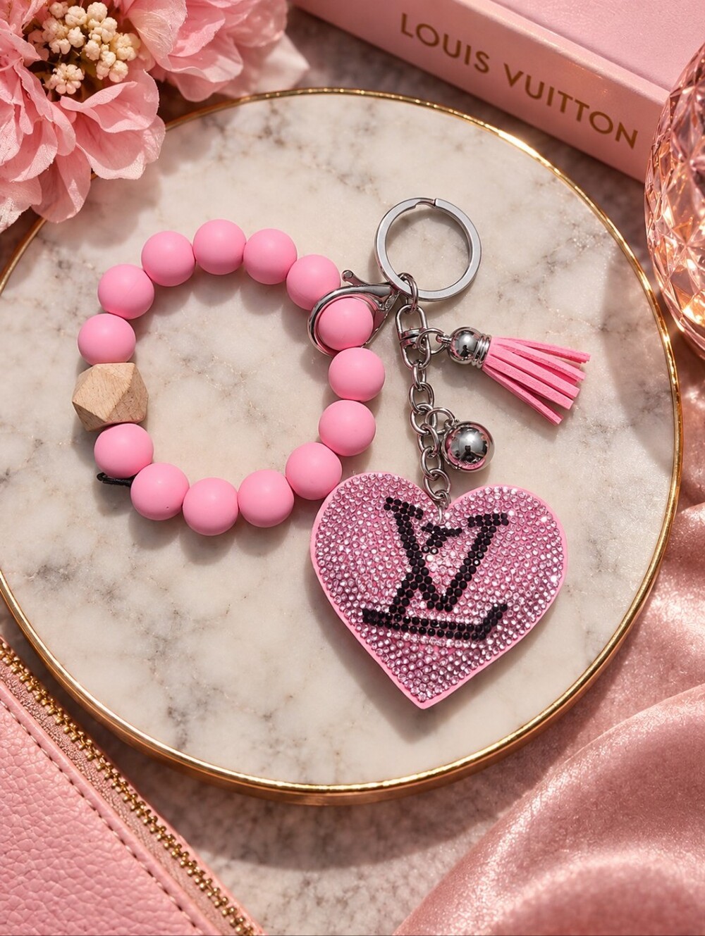 Louis Vuitton Pink Crystal Heart Keychain & Beaded Bracelet NEW